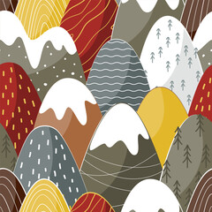 Seamless pattern with fairy hand drawn mountains landscape. Vector background in Scandinavian style