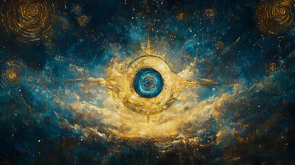 A mesmerizing cosmic scene featuring a swirling vortex of stars and nebulae, with a radiant blue eye at its center. The celestial backdrop is filled with golden hues, intricate patterns, and ethereal 