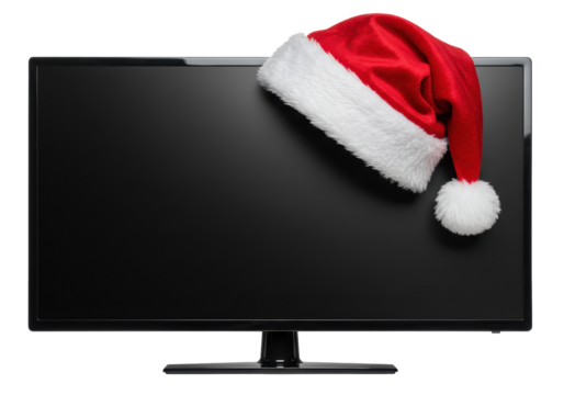 Isolated Flat Screen TV with a Festive Santa Hat on Top