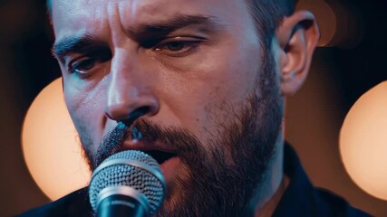 Close-up of emotional male singer performing into microphone with soft background bokeh, symbolizing live music, artistic expression, and moody concert moment - Powered by Adobe
