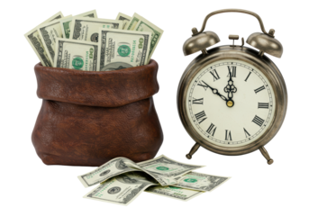 Isolated Time is Money Concept with Vintage Clock and Bag of Dollars