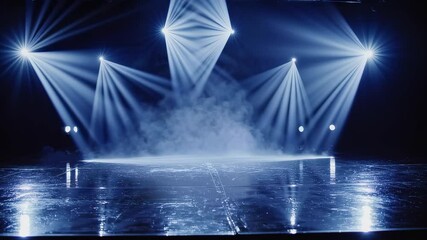 Dynamic blue stage lighting with moving beams and theatrical fog on empty reflective surface, ideal for concert, show intro, or dramatic event production backdrop