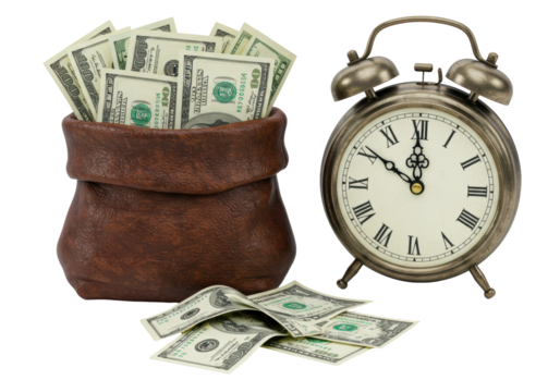 Isolated Time is Money Concept with Vintage Clock and Bag of Dollars