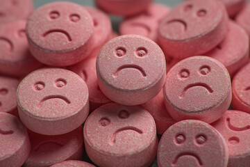 pile of pink sad face pills, depression drug themes