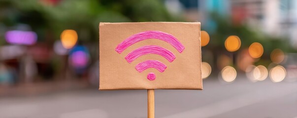 WiFi sign on a stick with blurred city lights in the background.