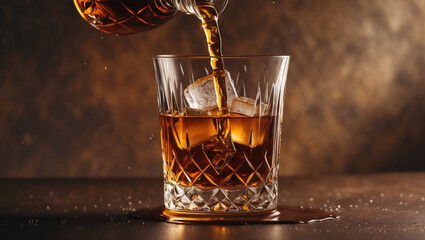 A vintage whiskey on the rocks with amber glow