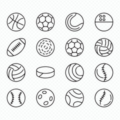 Vector Collection of Outline Sports Balls Including Football and Baseball