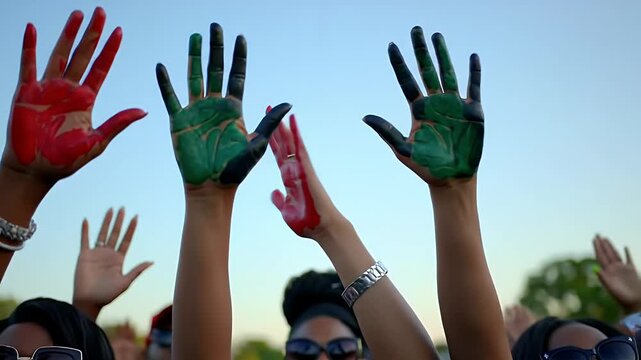 Unity in Diversity Hands Raised High, Painted in Vibrant Colors of Solidarity and Cultural Expression