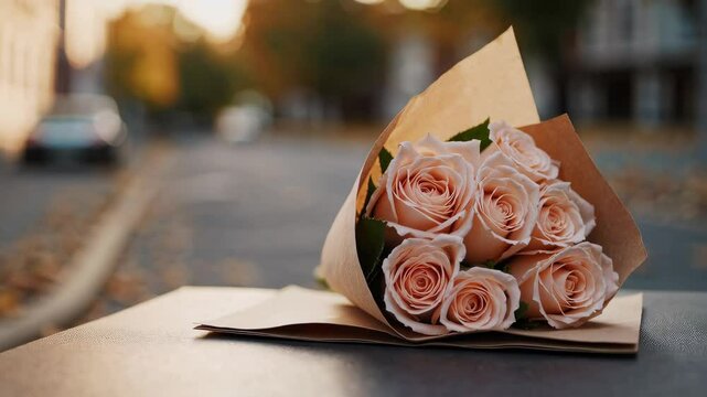 Romantic bouquet of soft pink roses resting on table outdoors with golden hour light, symbolizing love, tenderness, and sentimental urban gesture