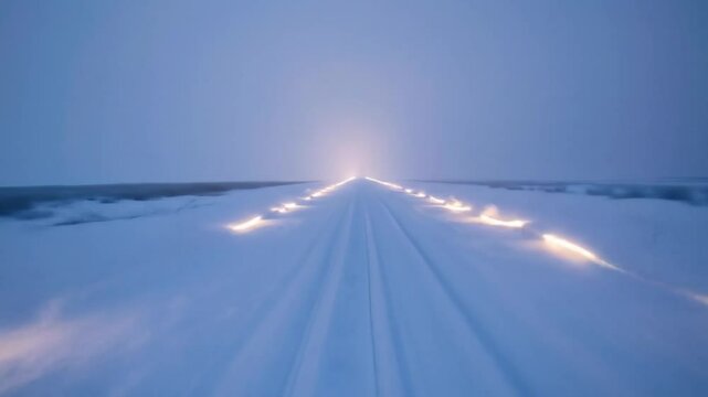 Winter Road Under Snowy Sky With Lights