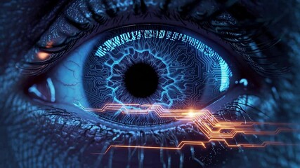Close-up of high-tech digital eye interface with glowing cybernetic elements, symbolizing biometric scanning, virtual reality, and futuristic surveillance systems - Powered by Adobe