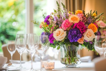 Fresh flower bouquet in glass vase placed on dining table