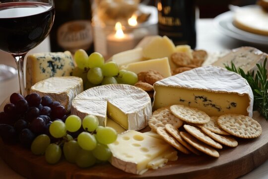 Assorted cheeses and grapes with crackers and nuts on a wooden board