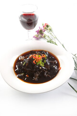 Fresh pea sprouts with peach kernels