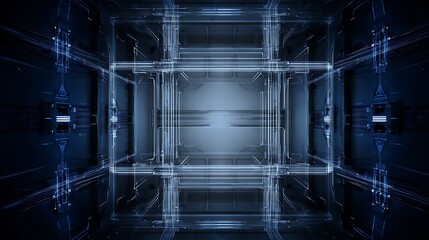 Abstract blue futuristic cube structure interior