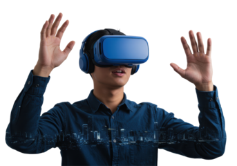 Isolated Man Experiencing Virtual Reality with Urban Overlay