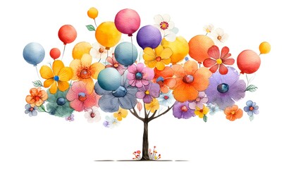 Colorful Floral Tree with Balloons