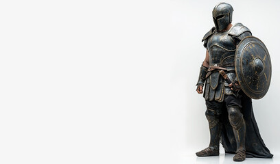 Fototapeta premium Trojan warrior in full armor standing tall on a white background. Header banner mockup with copy space.