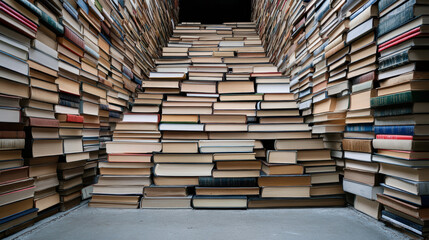 Fototapeta premium Winding staircase made of stacked books leads upward, creating unique and cozy atmosphere