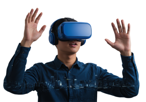 Isolated Man Experiencing Virtual Reality with Urban Overlay