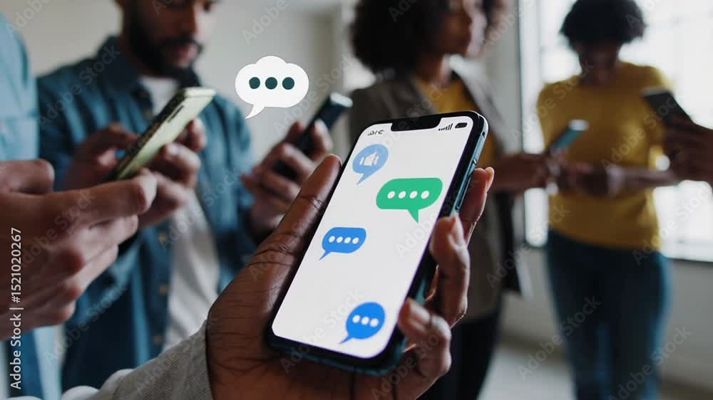 Poster close up of hands holding smartphones with chat bubbles, representing communication and social media
