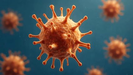 Looped animation of multiple virus particles rotating gently in fluid suspension, with realistic textures, spiked structure and fine background particles, simulating a microscopic view - Powered by Adobe