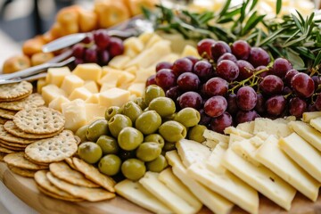 Cheese selection with grapes and bread slices on wooden board