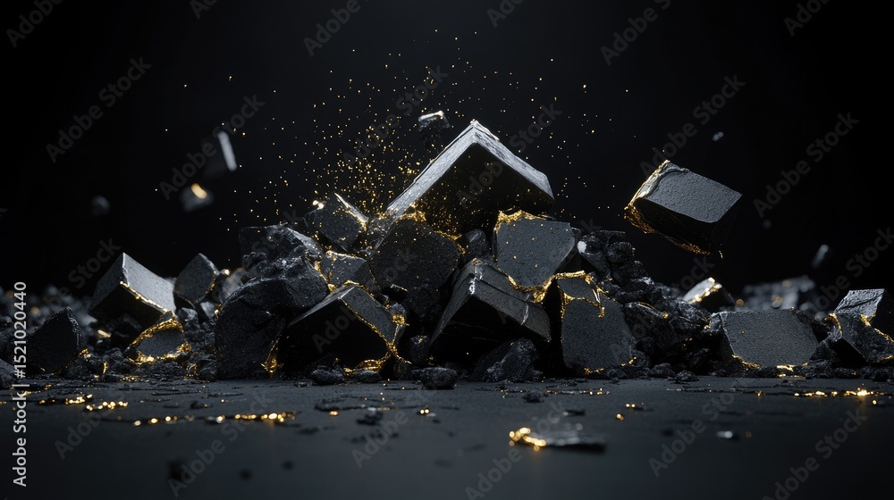 Aufkleber minimalist abstract 3d tech scene with scattered metallic fragments and particle lights on black