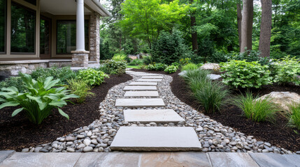 Serene garden path lined with smooth stones leads through lush greenery, inviting tranquility