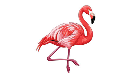 Elegant Flamingo Standing on One Leg with Curved Neck and Detailed Plumage