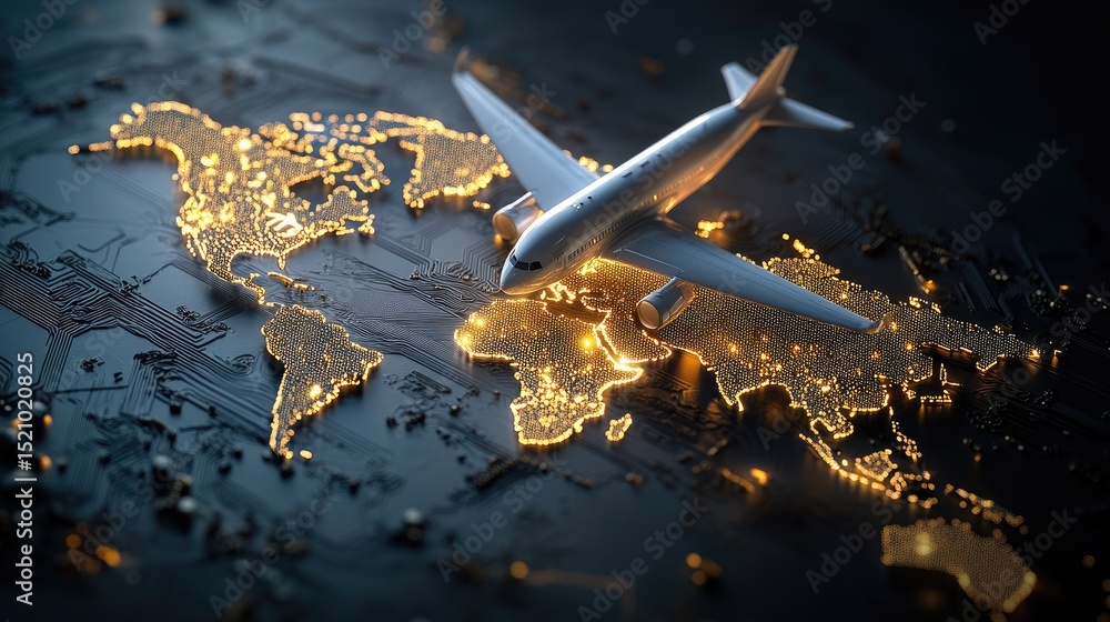 Poster logistic world map with light connections and airplane silhouettes over a dark tech background