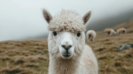 Close-up portrait of a white alpaca standing on a grassy hillside. the alpacas are facing the camera and looking directly at the camera with a curious expression.