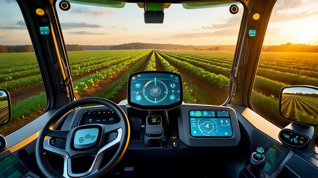 Modern Tractor Driving Through Farmland With GPS Dashboard and Scenic Field Rows