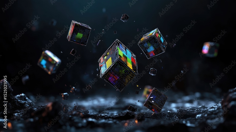 Poster Immersive tech background with floating pixel cubes and glowing grid lights in dark setting