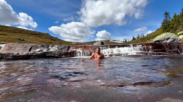 Viking Man Bathing in Small Waterfall &ndash; Haglebu, Sigdal, Norway Wilderness Scene