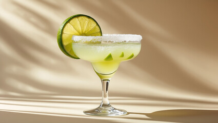 A margarita with salt rim and lime wedge