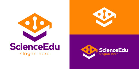 Creative simple science education logo template. Graduation cap with molecule symbol for Study tech logo design vector illustration.