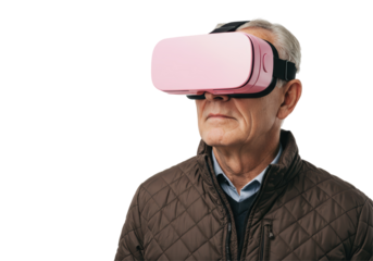 Isolated Senior Man Wearing Pink VR Headset