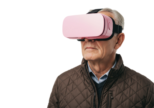 Isolated Senior Man Wearing Pink VR Headset - Powered by Adobe