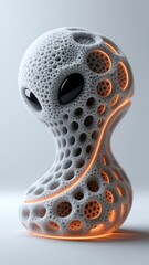 Photo of Abstract alien sculpture with glowing orange accents and a porous texture