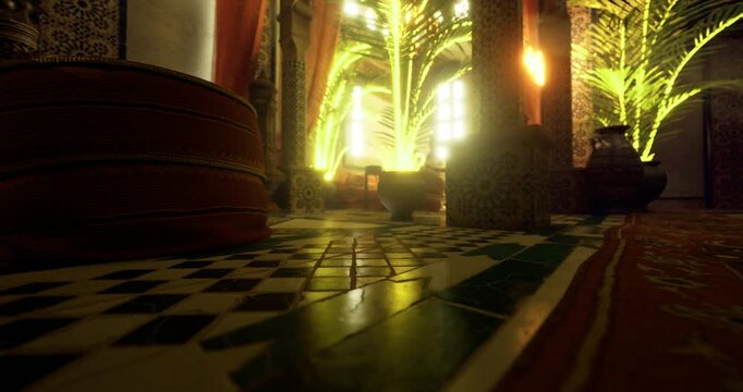 Sunlight filters through palm leaves in a beautifully decorated Moroccan riad. Colorful tiles and intricate patterns create an inviting atmosphere, showcasing cultural elegance.