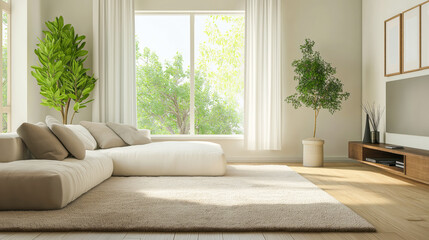 Bright and airy living room with large windows, modern decor, and natural light enhancing the cozy atmosphere during the day