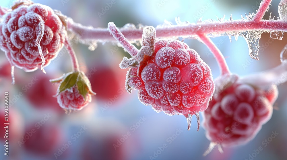 Poster frozen raspberry macro shot, delicate frost coating the vibrant red berries in a chilled display