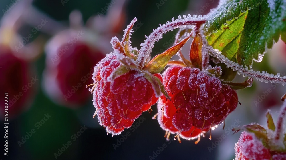 Aufkleber frozen raspberry macro shot, delicate frost coating the vibrant red berries in a chilled display