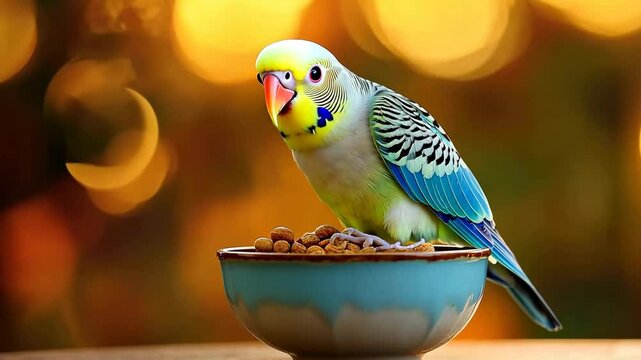 Generative 4k video. Colorful parakeet perched on a bowl filled with seeds, surrounded by a warm, blurred background, showcasing vibrant feathers and playful demeanor