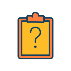An orange clipboard with a question mark icon illustration element