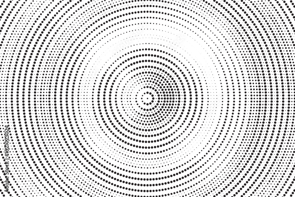 Aufkleber Radial halftone gradient background. Dotted concentric texture with fading effect. Black and white circle shade wallpaper. Grunge rough vector. Monochrome backdrop	