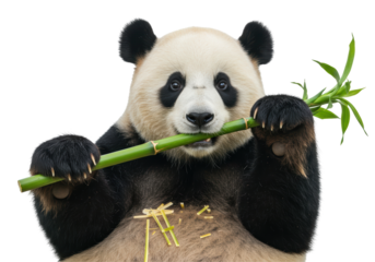 Isolated Giant Panda Relishing Bamboo Snack with Playful Gaze