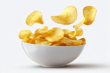 Crispy Potato Chips Falling into a Bowl Delicious Snack Food Photography