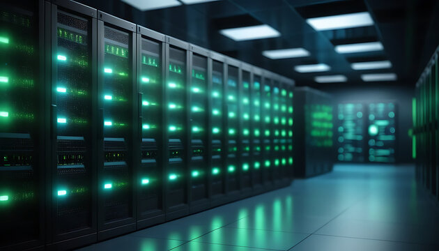 Server Room: Data Center with Green Illuminated Servers
